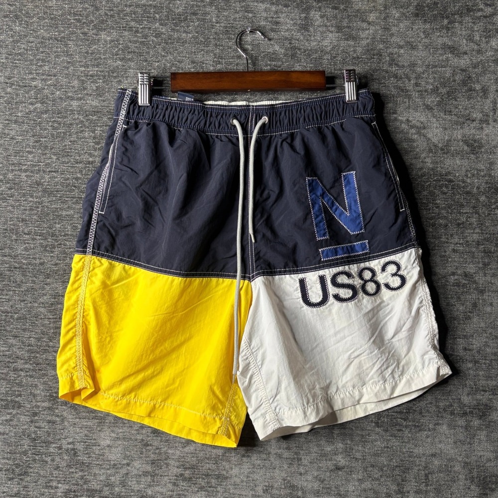 Nautica Mens Colorblock Swim Trunks Navy Yellow White Medium Vacation Colorful